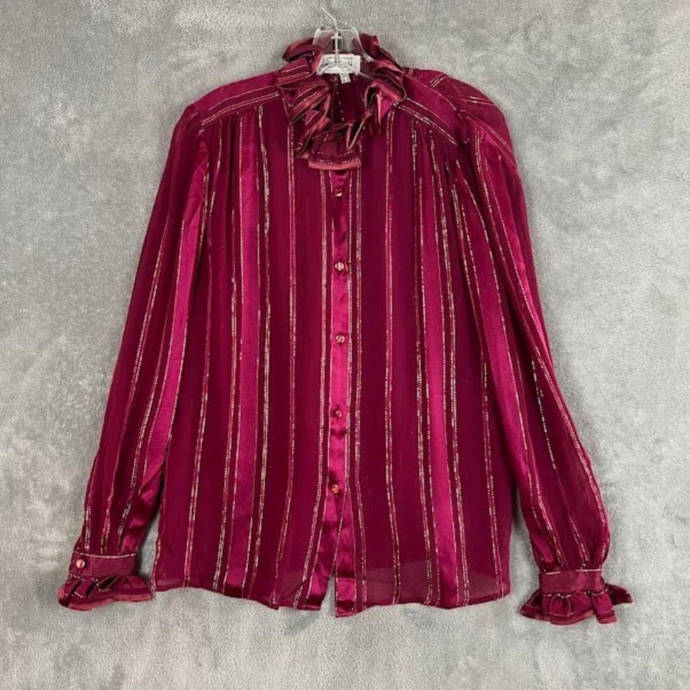 Vintage 80s Pure Silk Ruffle Collar Blouse Womens S Made in Italy Holiday